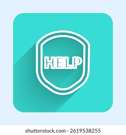 White line Shield with text Help icon isolated with long shadow. Guard sign. Security, safety, protection, privacy concept. Green square button. Vector Illustration