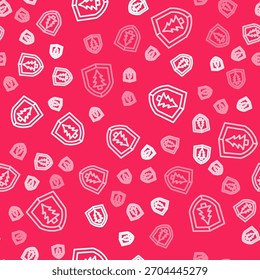 White line Shield with tree icon isolated seamless pattern on red background. Eco-friendly security shield with tree.  Vector