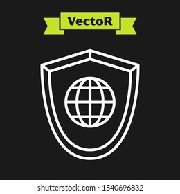 White line Shield with world globe icon isolated on black background. Security, safety, protection, privacy concept.  Vector Illustration