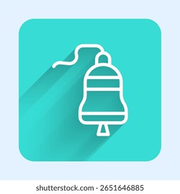 White line Ship bell icon isolated with long shadow. Green square button. Vector