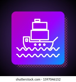 White line Ship icon isolated on black background. Square color button. Vector Illustration