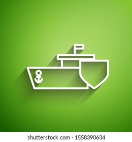 White line Ship with shield icon isolated on green background. Insurance concept. Security, safety, protection, protect concept.  Vector Illustration