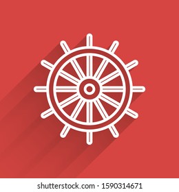 White line Ship steering wheel icon isolated with long shadow.  Vector Illustration