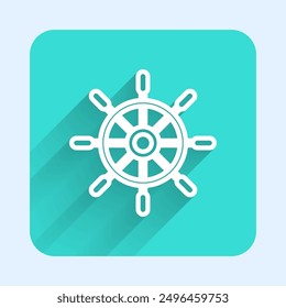 Línea blanca Icono del volante de la nave aislado con sombra larga. Botón cuadrado verde. Vector