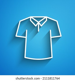 White line Shirt icon isolated on blue background. Long shadow. Vector