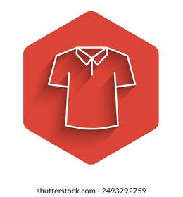 White line Shirt icon isolated with long shadow background. Red hexagon button. Vector