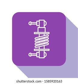 White line Shock absorber icon isolated on white background. Purple square button. Vector Illustration