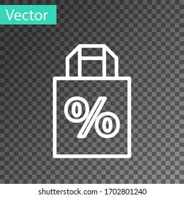 White line Shoping bag with an inscription percent discount icon isolated on transparent background. Handbag sign. Vector Illustration