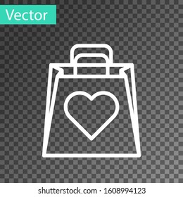 White line Shopping bag with heart icon isolated on transparent background. Shopping bag shop love like heart icon. Valentines day symbol.  Vector Illustration