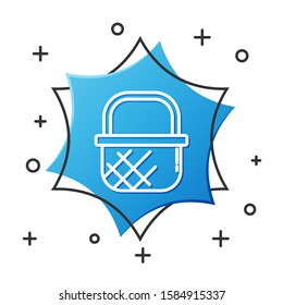 White line Shopping basket icon isolated on white background. Online buying concept. Delivery service sign. Shopping cart symbol. Blue hexagon button. Vector Illustration