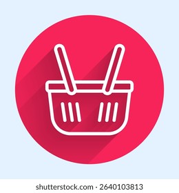 White line Shopping basket icon isolated with long shadow. Online buying concept. Delivery service sign. Shopping cart symbol. Red circle button. Vector