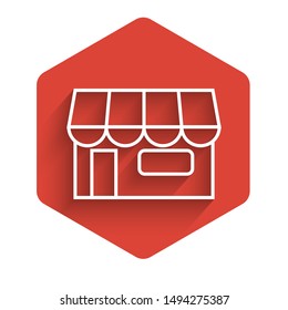 White line Shopping building or market store icon isolated with long shadow. Shop construction. Red hexagon button. Vector Illustration