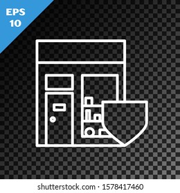 White line Shopping building with shield icon isolated on transparent dark background. Insurance concept. Security, safety, protection, protect concept.  Vector Illustration