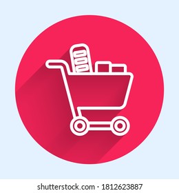 White line Shopping cart and food icon isolated with long shadow. Food store, supermarket. Red circle button. Vector