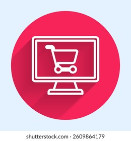 White line Shopping cart on screen computer icon isolated with long shadow. Concept e-commerce, e-business, online business marketing. Red circle button. Vector Illustration