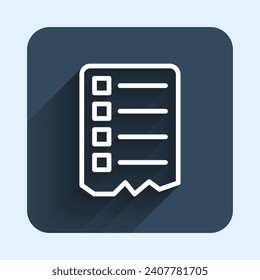White line Shopping list icon isolated with long shadow background. Blue square button. Vector