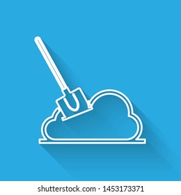 White line Shovel in the ground icon isolated with long shadow. Gardening tool. Tool for horticulture, agriculture, farming.  Vector Illustration