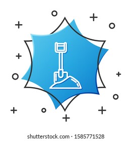 White line Shovel in the ground icon isolated on white background. Gardening tool. Tool for horticulture, agriculture, farming. Blue hexagon button. Vector Illustration