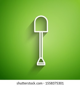 White line Shovel icon isolated on green background. Gardening tool. Tool for horticulture, agriculture, farming.  Vector Illustration