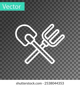 White line Shovel and rake icon isolated on transparent background. Tool for horticulture, agriculture, gardening, farming. Ground cultivator.  Vector