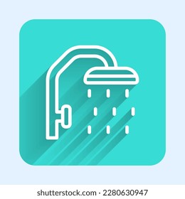 White line Shower head with water drops flowing icon isolated with long shadow. Green square button. Vector
