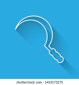 White line Sickle icon isolated with long shadow. Reaping hook sign.  Vector Illustration