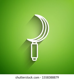 White line Sickle icon isolated on green background. Reaping hook sign.  Vector Illustration