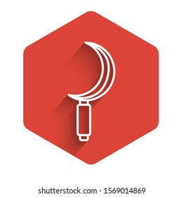 White line Sickle icon isolated with long shadow. Reaping hook sign. Red hexagon button. Vector Illustration