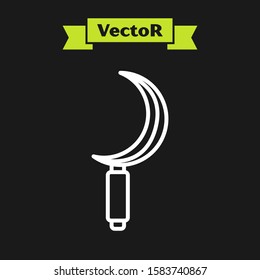 White line Sickle icon isolated on black background. Reaping hook sign.  Vector Illustration