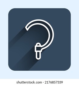 White line Sickle icon isolated with long shadow background. Reaping hook sign. Blue square button. Vector