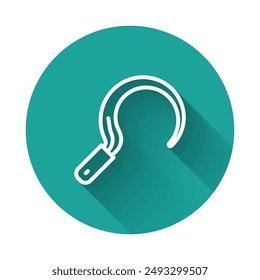 White line Sickle icon isolated with long shadow background. Reaping hook sign. Green circle button. Vector