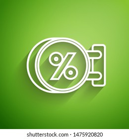White line Signboard hanging with an inscription discount percent icon isolated on green background. Suitable for bar, cafe, pub, restaurant.  Vector Illustration