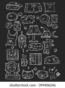 White  line silhouette of bedtime icons on black background. Vector  hand draw illustration.