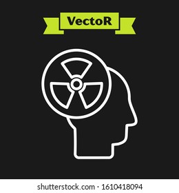 White line Silhouette of a human head and a radiation symbol icon isolated on black background.  Vector Illustration