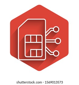 White line Sim card icon isolated with long shadow. Mobile cellular phone sim card chip. Mobile telecommunications technology symbol. Red hexagon button. Vector Illustration