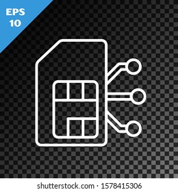 White line Sim card icon isolated on transparent dark background. Mobile cellular phone sim card chip. Mobile telecommunications technology symbol.  Vector Illustration