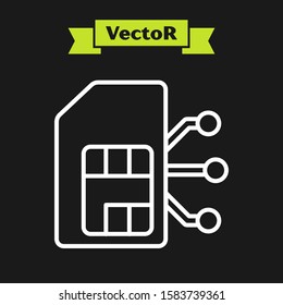 White line Sim card icon isolated on black background. Mobile cellular phone sim card chip. Mobile telecommunications technology symbol.  Vector Illustration