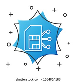 White line Sim card icon isolated on white background. Mobile cellular phone sim card chip. Mobile telecommunications technology symbol. Blue hexagon button. Vector Illustration