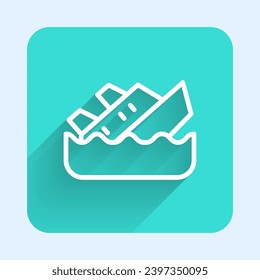 White line Sinking cruise ship icon isolated with long shadow. Travel tourism nautical transport. Voyage passenger ship, cruise liner. Green square button. Vector
