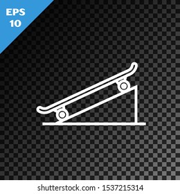 White line Skateboard on street ramp icon isolated on transparent dark background. Extreme sport. Sport equipment.  Vector Illustration
