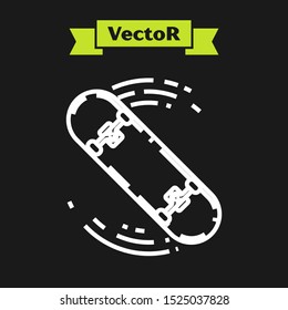 White line Skateboard trick icon isolated on black background. Extreme sport. Sport equipment.  Vector Illustration