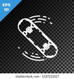 White line Skateboard trick icon isolated on transparent dark background. Extreme sport. Sport equipment.  Vector Illustration