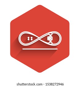 White line Skateboard trick icon isolated with long shadow. Extreme sport. Sport equipment. Red hexagon button. Vector Illustration