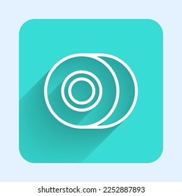 White line Skateboard wheel icon isolated with long shadow background. Skate wheel. Green square button. Vector