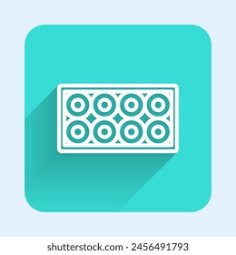 White line Skateboard wheel icon isolated with long shadow background. Skate wheel. Green square button. Vector