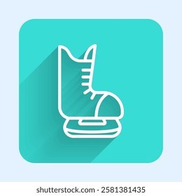 White line Skates icon isolated with long shadow background. Ice skate shoes icon. Sport boots with blades. Green square button. Vector