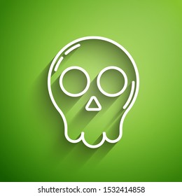 White line Skull icon isolated on green background. Happy Halloween party.  Vector Illustration