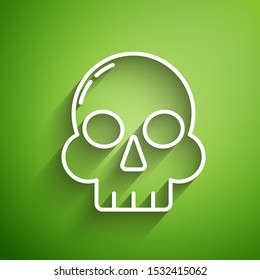 White line Skull icon isolated on green background. Happy Halloween party.  Vector Illustration