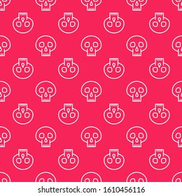 White line Skull icon isolated seamless pattern on red background.  Vector Illustration