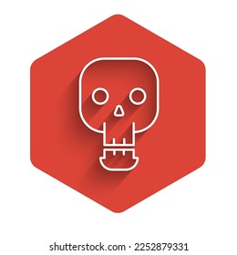 White line Skull icon isolated with long shadow. Happy Halloween party. Red hexagon button. Vector Illustration